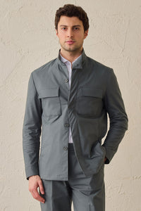 Ανδρικό κοστούμι 2 τεμαχίων Sage Green Smart Casual με γιακά σε στυλ Safari και ελαστικό γιακά