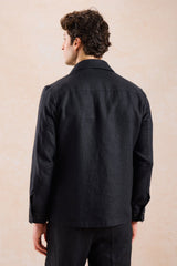 Ανδρικό Μαύρο Λινό Κομψό Καθημερινό Κοστούμι 2 Τεμαχίων με Φερμουάρ Στυλ Σαφάρι Καλοκαιρινό
