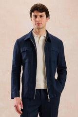 Ανδρικό κοστούμι 2 τεμαχίων από λινό μπλε, κομψό, casual, με φερμουάρ, στυλ σαφάρι, καλοκαιρινό