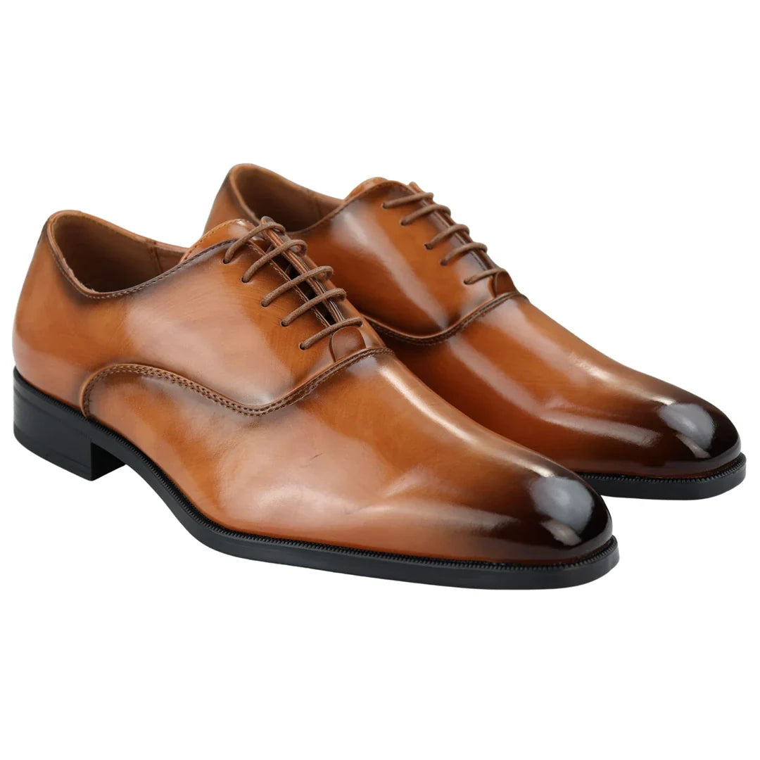 Ανδρικά Έξυπνα Επίσημα Παπούτσια Oxford Tan με Λαμπερό Δαντελένιο Κλασικό Φόρεμα με Στρογγυλή Μύτη