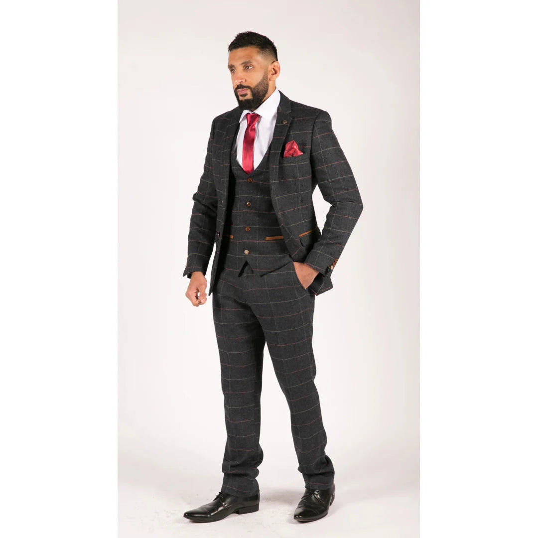 Ανδρικό μπλε σκούρο κοστούμι Marc Darcy από ψαροκόκαλο σε vintage χρώμα, 3 τεμάχια