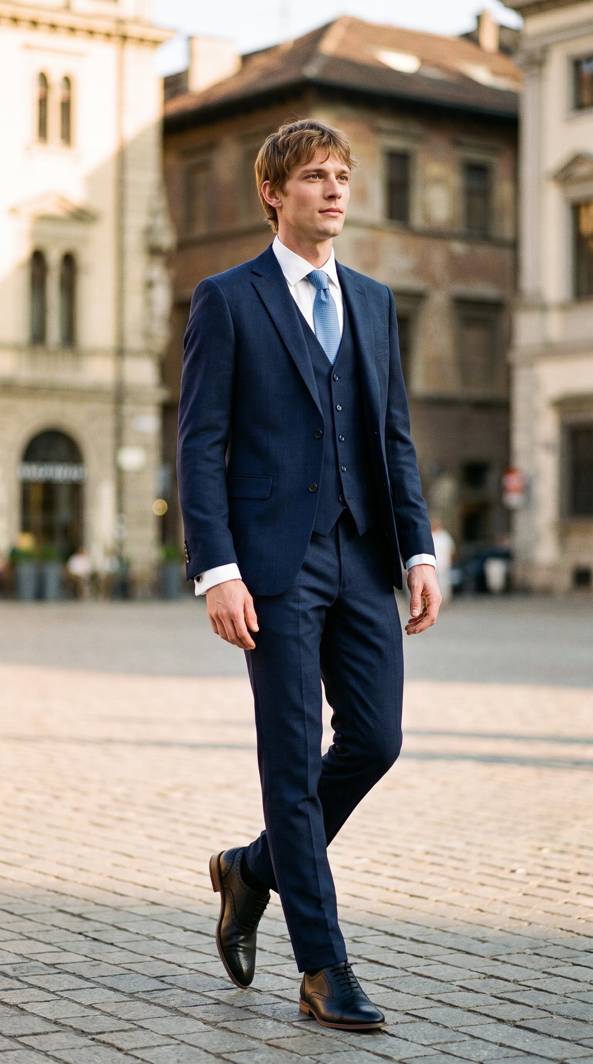 Look #822 styled with James - Ανδρικό Σκούρο Μπλε Μάλλινο Κοστούμι 3 Τεμαχίων με Ραφή