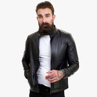 Happy Gentleman B102 - Ανδρικό Μαύρο Μπουφάν Ποδηλάτη σε Προσαρμοσμένη Εφαρμογή από Γνήσιο Δέρμα