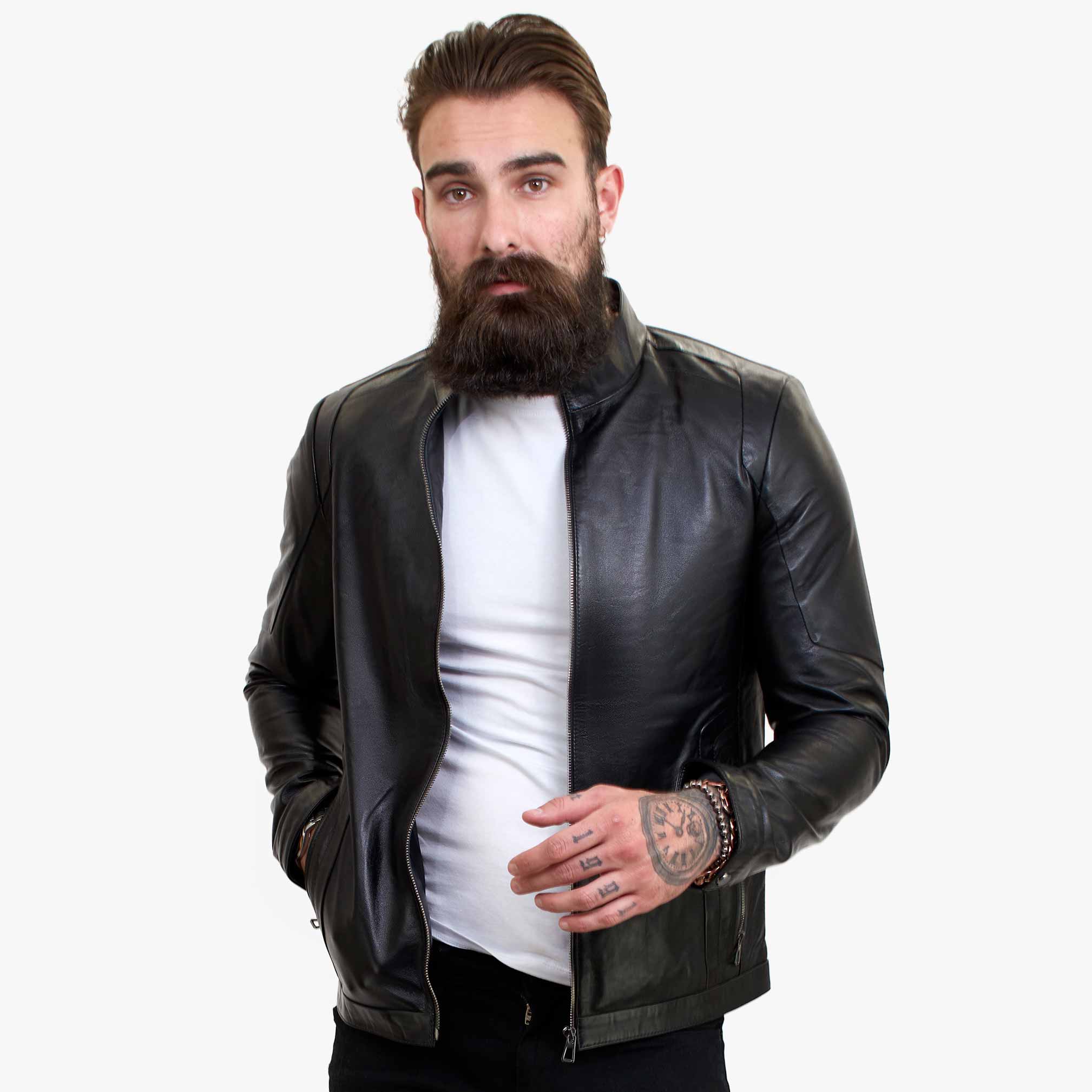 Happy Gentleman B102 - Ανδρικό Μαύρο Μπουφάν Ποδηλάτη σε Προσαρμοσμένη Εφαρμογή από Γνήσιο Δέρμα