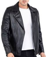 Happy Gentleman B104 - Δερμάτινο μαύρο μπουφάν Brando με σταυρωτό φερμουάρ για άνδρες