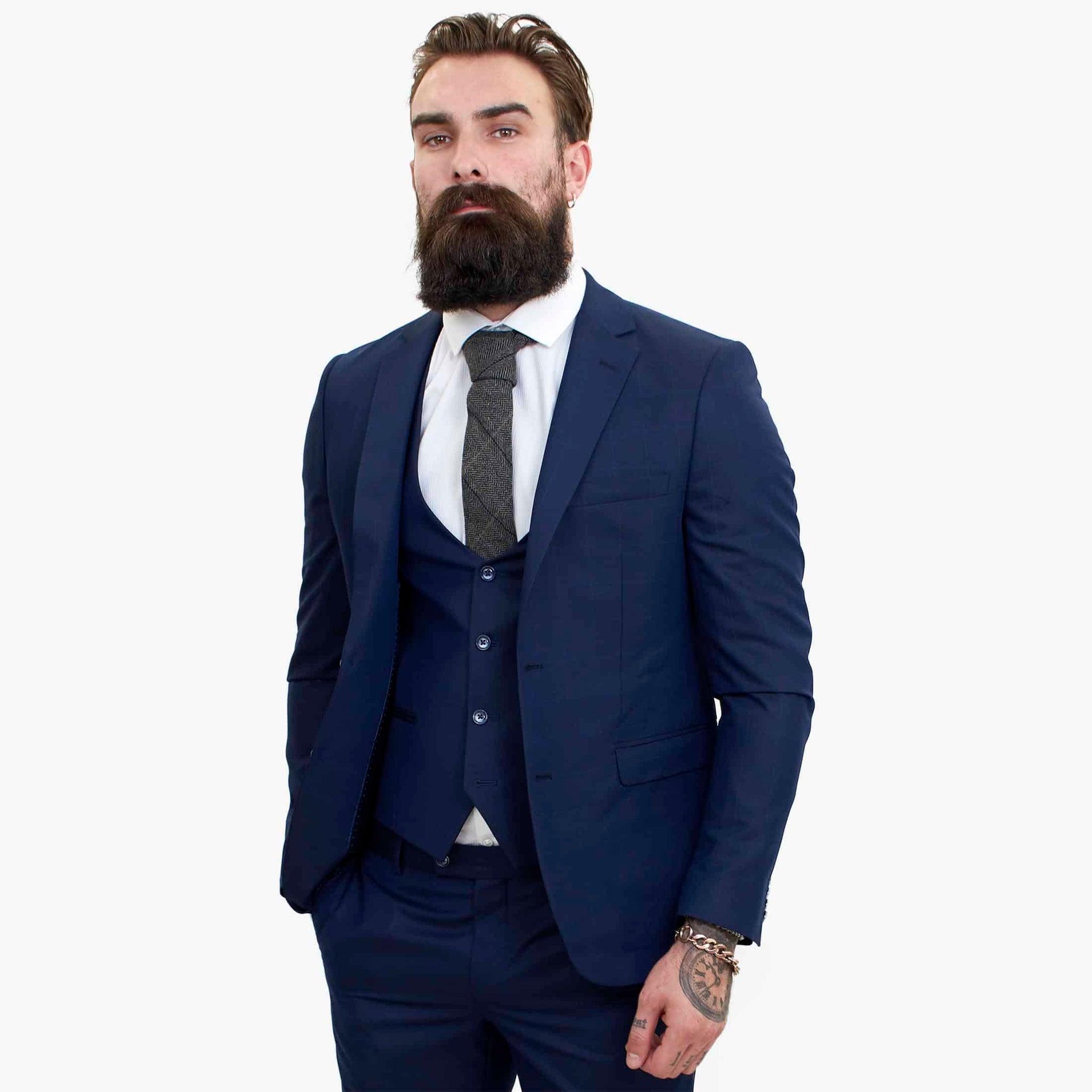 Happy Gentleman BELLO Σκούρο μπλε κοστούμι 3 τεμαχίων από μάλλινο ύφασμα, με ραφές