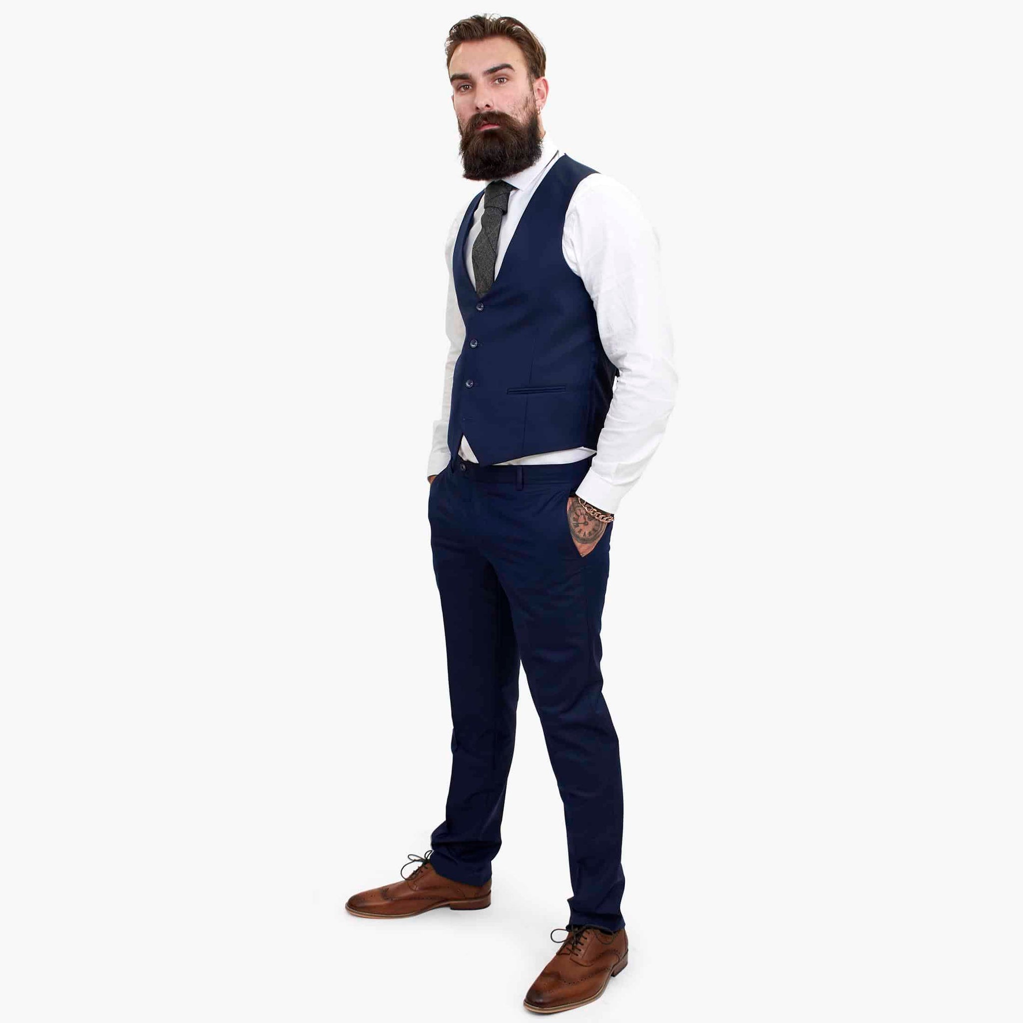 Happy Gentleman BELLO Σκούρο μπλε κοστούμι 3 τεμαχίων από μάλλινο ύφασμα, με ραφές