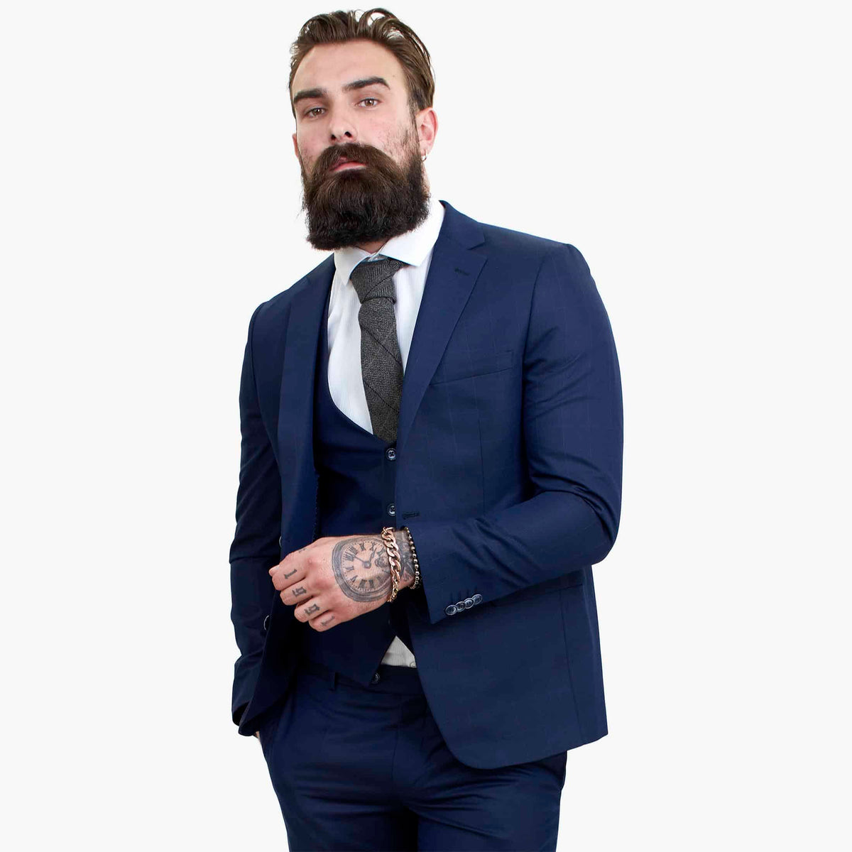 Happy Gentleman BELLO Σκούρο μπλε κοστούμι 3 τεμαχίων από μάλλινο ύφασμα, με ραφές