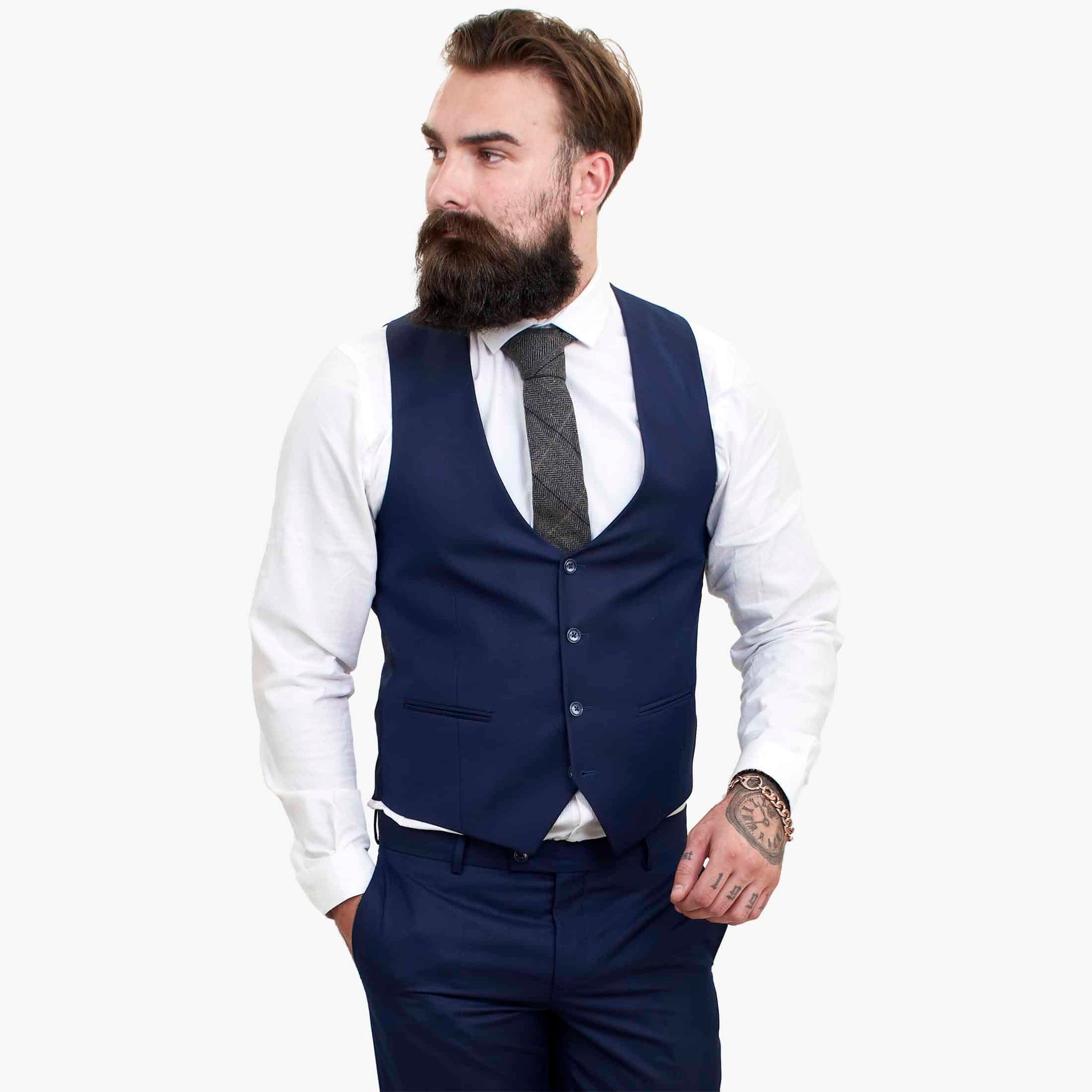 Happy Gentleman BELLO Σκούρο μπλε κοστούμι 3 τεμαχίων από μάλλινο ύφασμα, με ραφές