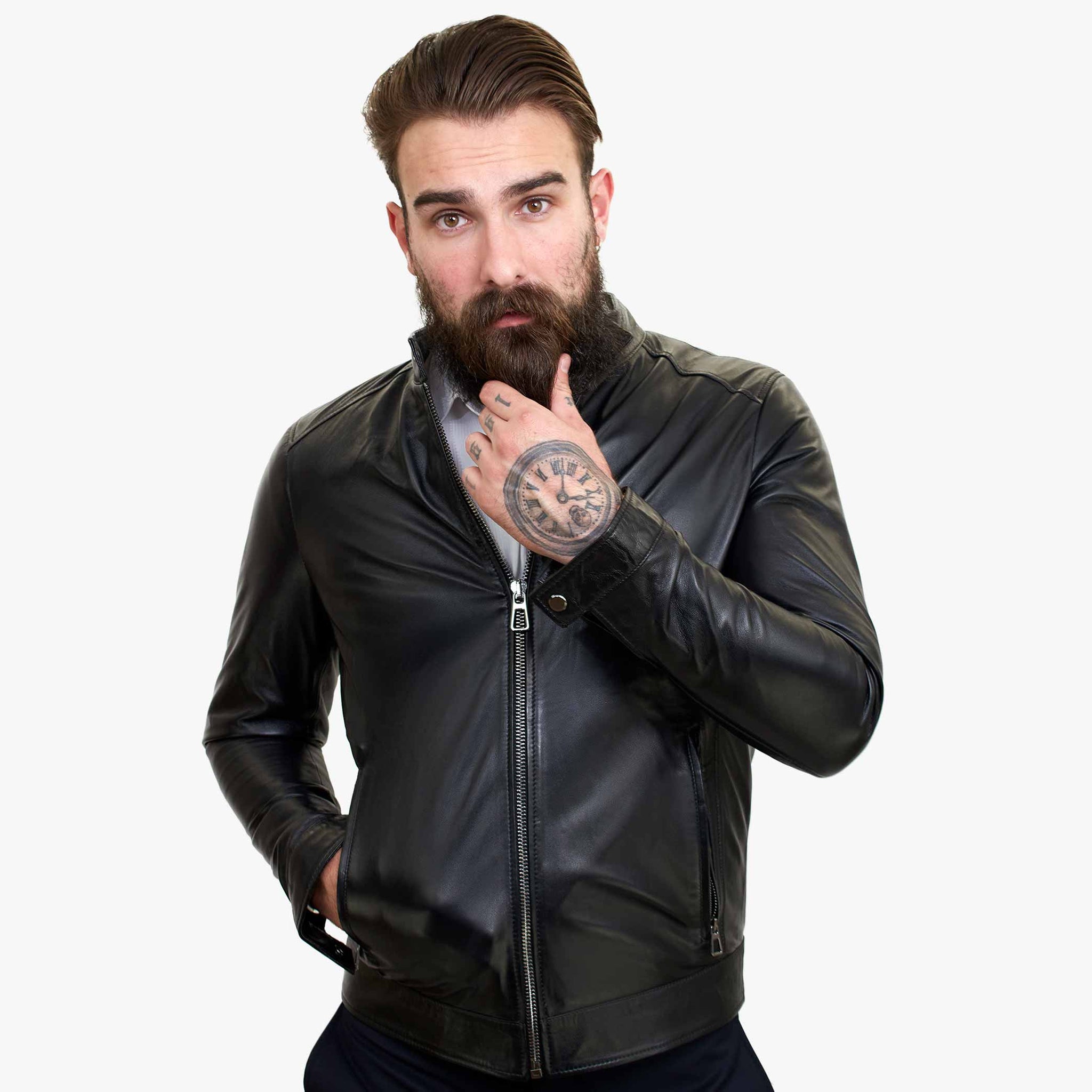 Happy Gentleman B107 - Μαύρο Δερμάτινο Μπουφάν Αρνιού σε Καθαρό Στυλ για Άνδρες - Στενή Γραμμή