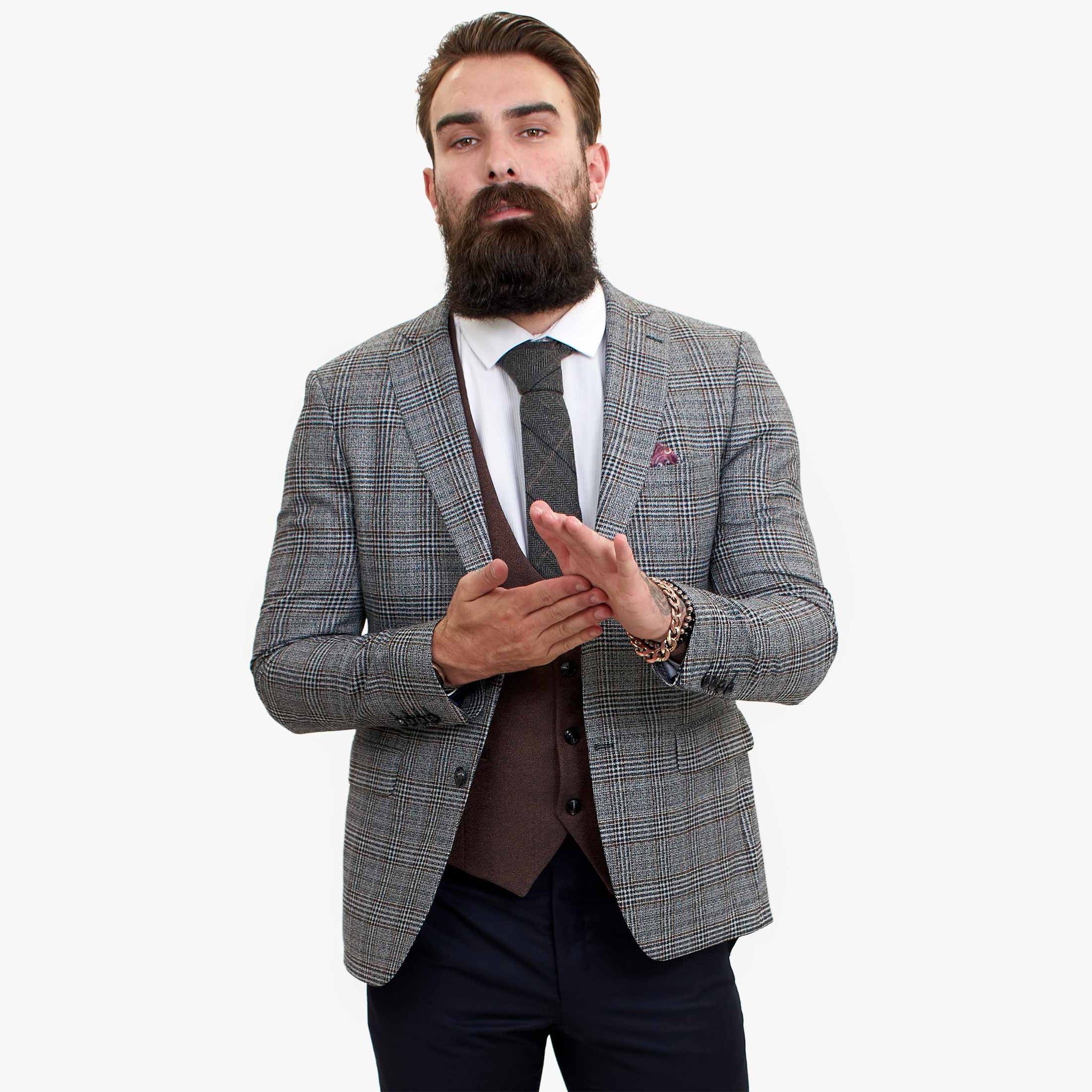 Τριπλό μάλλινο κοστούμι Happy Gentleman ELEGANTE με καφέ γιλέκο σε αντίθεση