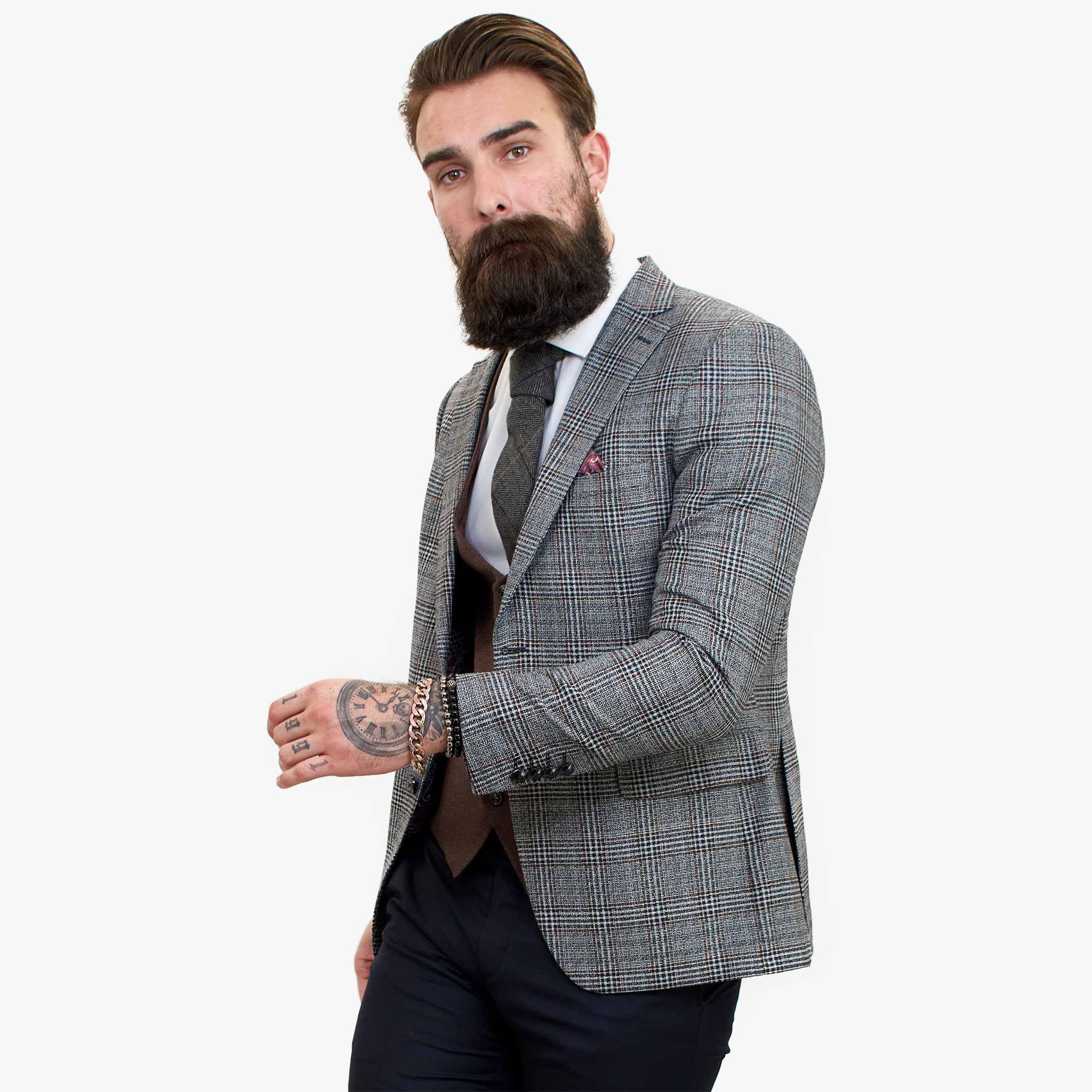 Τριπλό μάλλινο κοστούμι Happy Gentleman ELEGANTE με καφέ γιλέκο σε αντίθεση