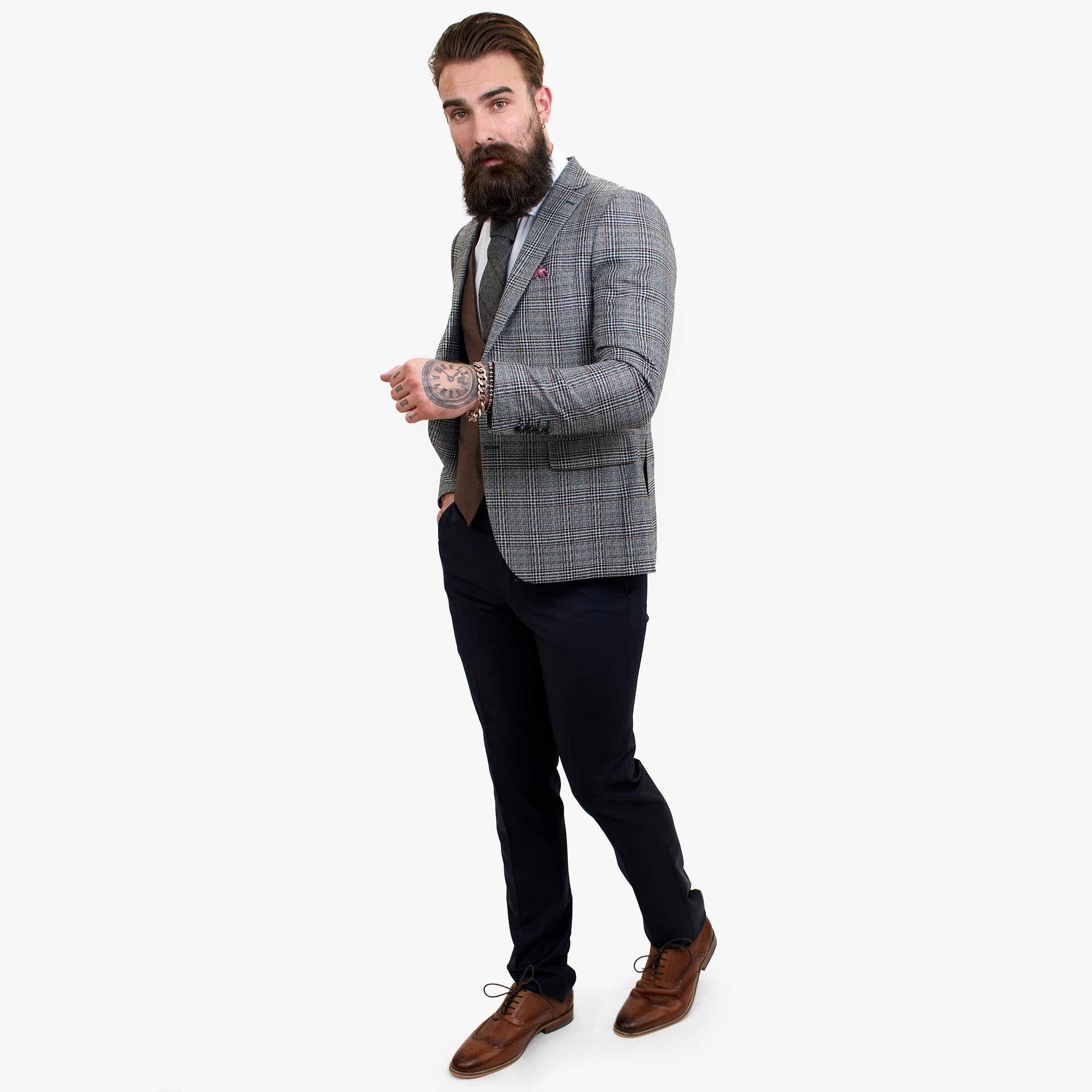 Τριπλό μάλλινο κοστούμι Happy Gentleman ELEGANTE με καφέ γιλέκο σε αντίθεση