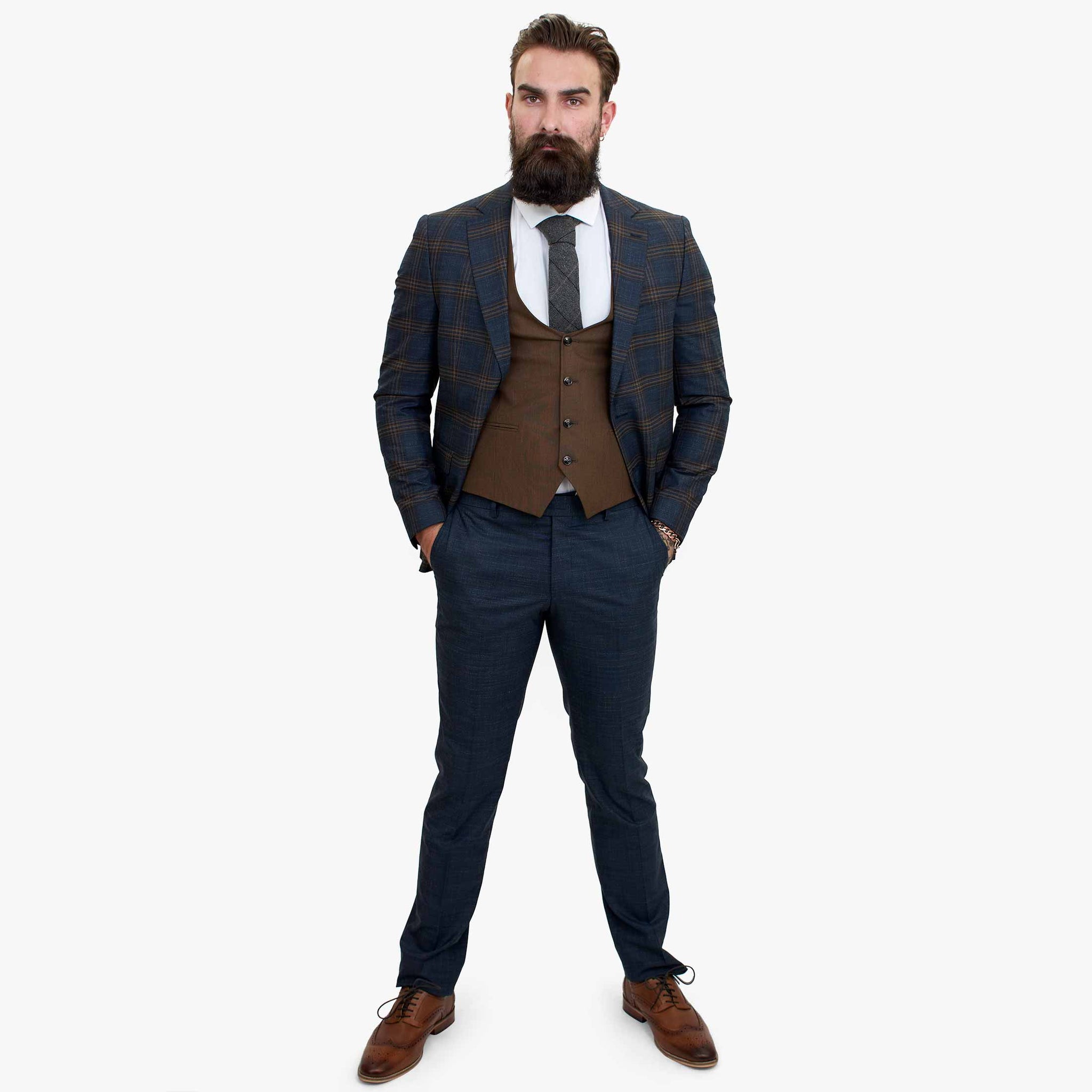 Happy Gentleman GRAZIE Σκούρο μπλε μάλλινο κοστούμι τριών τεμαχίων με καφέ γιλέκο σε αντίθεση