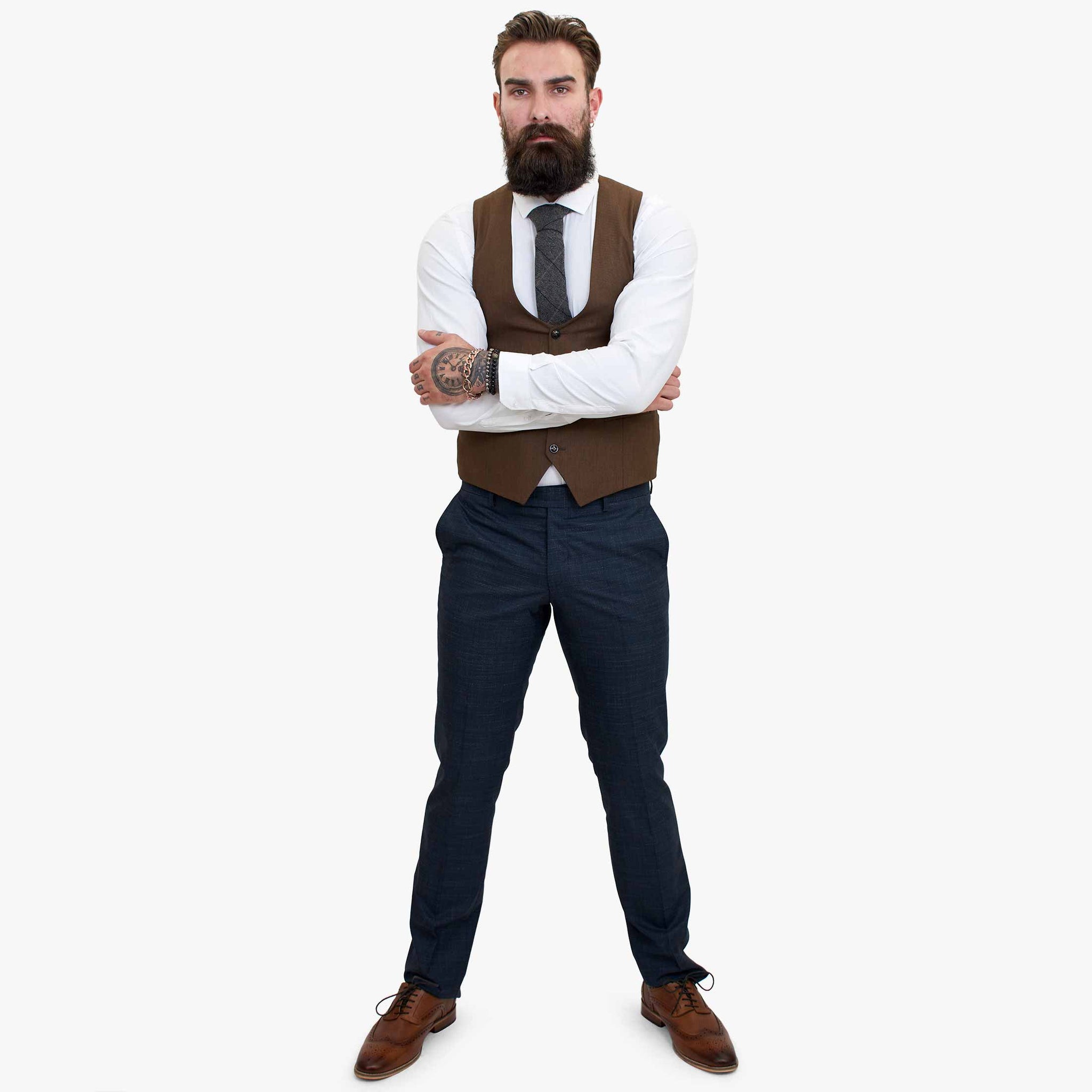 Happy Gentleman GRAZIE Σκούρο μπλε μάλλινο κοστούμι τριών τεμαχίων με καφέ γιλέκο σε αντίθεση