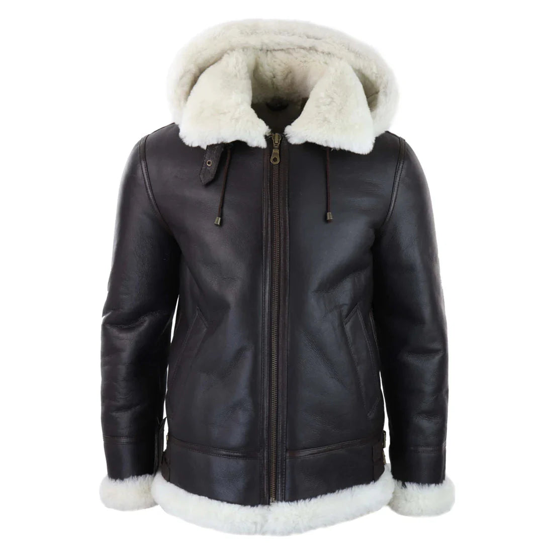 Ανδρικό Δερμάτινο Μπουφάν Sherling Sheepskin με Κουκούλα Aviator Flying Pilot