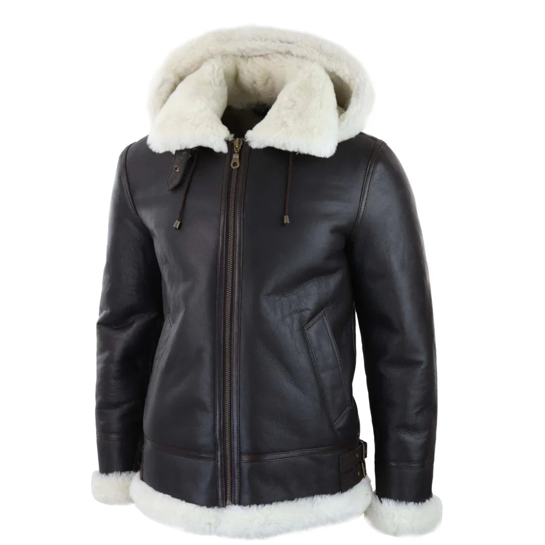 Ανδρικό Δερμάτινο Μπουφάν Sherling Sheepskin με Κουκούλα Aviator Flying Pilot