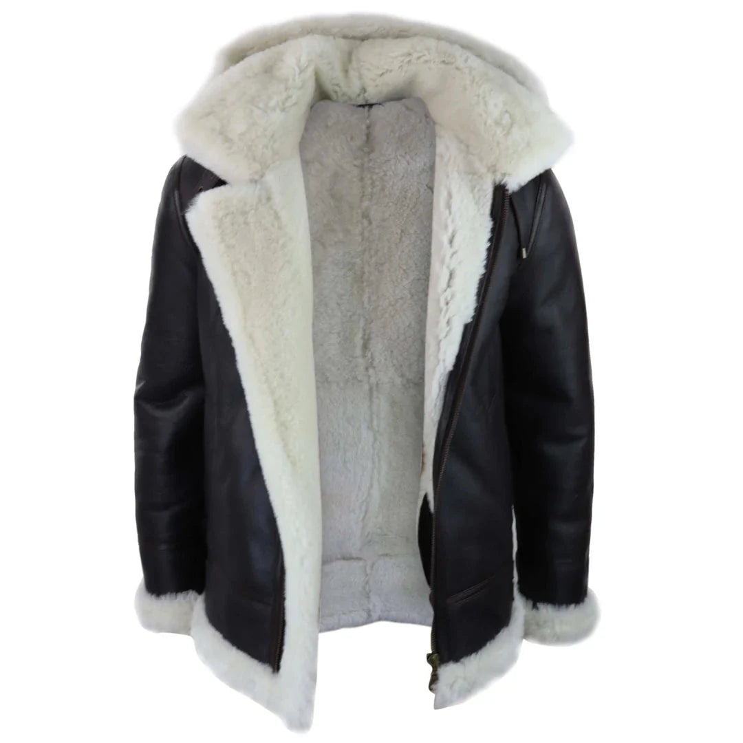 Ανδρικό Δερμάτινο Μπουφάν Sherling Sheepskin με Κουκούλα Aviator Flying Pilot