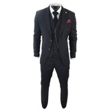 Κλασικό μαύρο ανδρικό κοστούμι 3 τεμαχίων James με κόκκινο τετράγωνο μαντήλι τσέπης