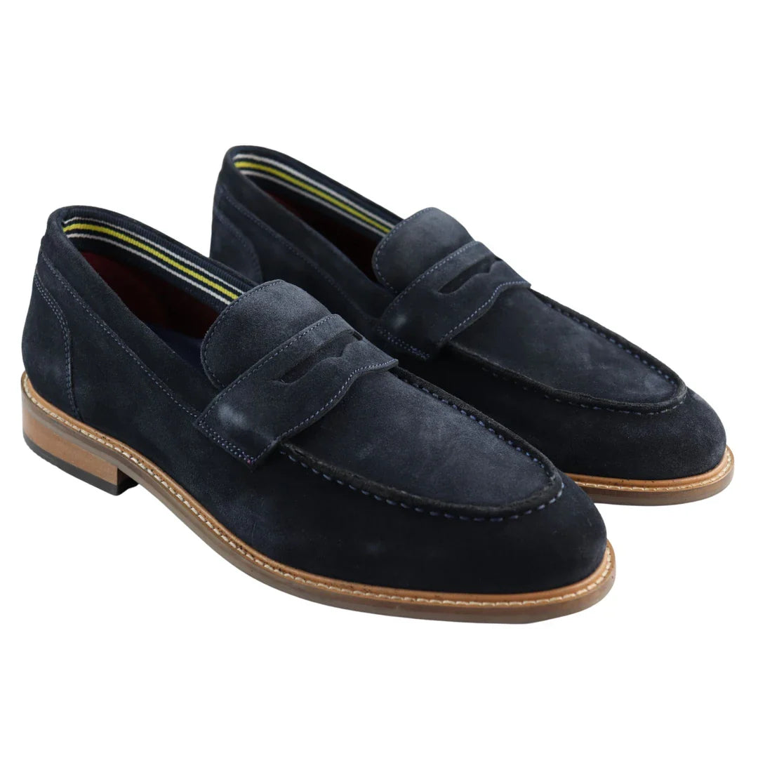 Ανδρικά μοκασίνια από γνήσιο σουέτ, slip-on, μπλε, κομψό, casual, κλασικό, άνετη εφαρμογή