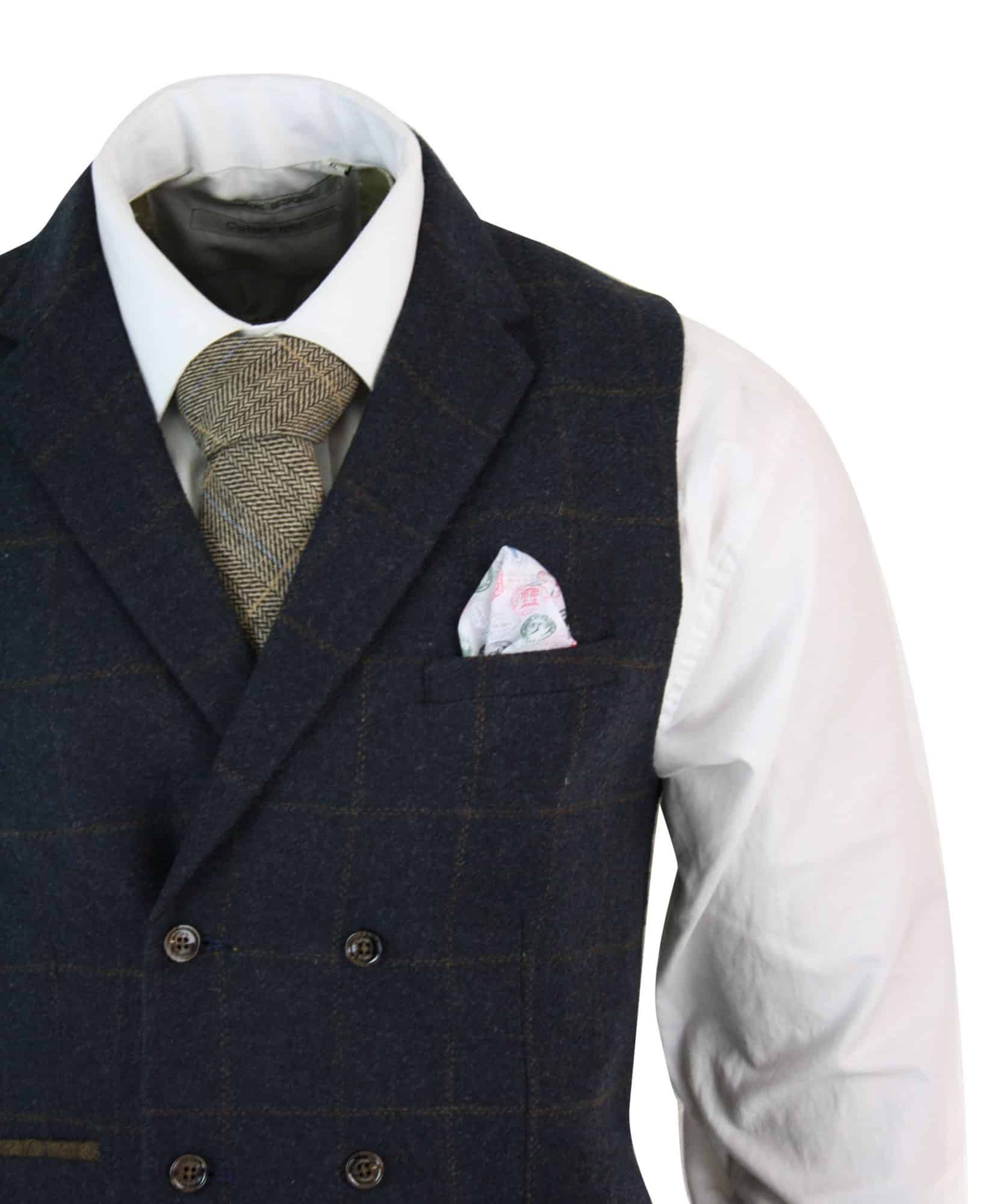 Ανδρικό γιλέκο Peaky Blinders με διπλό στήθος και τουίντ ψαροκόκαλο, vintage καρό, μπλε