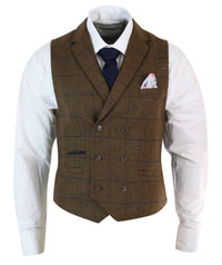 Ανδρικό γιλέκο Peaky Blinders Vintage με σταυρωτό μπούστο και τουίντ ψαροκόκαλο, καφέ-καφέ