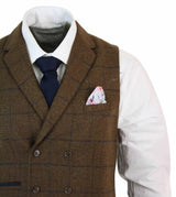 Ανδρικό γιλέκο Peaky Blinders Vintage με σταυρωτό μπούστο και τουίντ ψαροκόκαλο, καφέ-καφέ