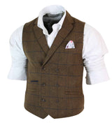 Ανδρικό γιλέκο Peaky Blinders Vintage με σταυρωτό μπούστο και τουίντ ψαροκόκαλο, καφέ-καφέ