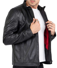 Ανδρικό Δερμάτινο Μαύρο Μπουφάν Ποδηλάτη σε Γραμμή Lamb Premium - B207
