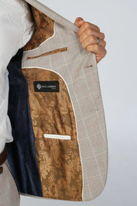 Leo - Ανδρικό Μπεζ Καρό Κοστούμι 3 Τεμαχίων με Ραμμένη Εφαρμογή