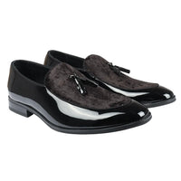 Ανδρικά Slip On Loafers με Φούντες από Βελούδο και Λεπτομέρειες σε Μαύρο Λουστρίνι