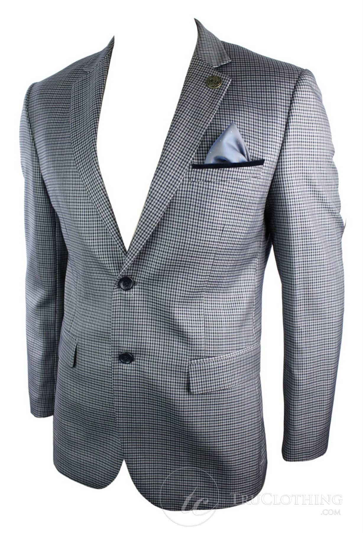 Ανδρικό Tweed Vintage Retro Γκρι Καρό Σακάκι με Μπλέιζερ Αγκώνα με Μαύρο Τελείωμα