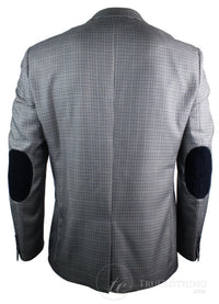 Ανδρικό Tweed Vintage Retro Γκρι Καρό Σακάκι με Μπλέιζερ Αγκώνα με Μαύρο Τελείωμα