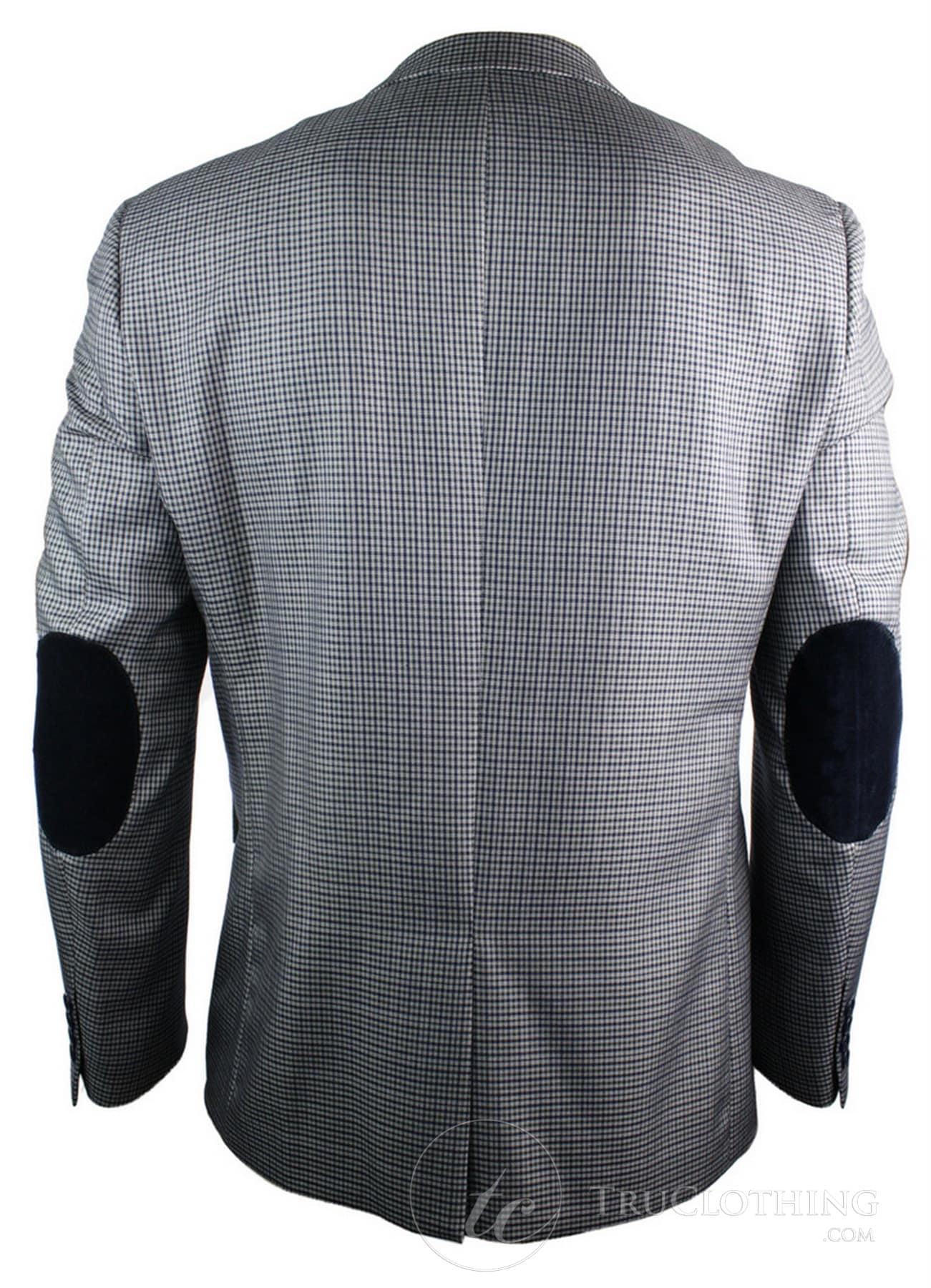 Ανδρικό Tweed Vintage Retro Γκρι Καρό Σακάκι με Μπλέιζερ Αγκώνα με Μαύρο Τελείωμα