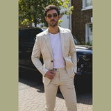 Mario - Ανδρικό Καλοκαιρινό Κοστούμι 2 Τεμαχίων Μπεζ Γραφείο Γάμου Κλασικό Ιταλικό