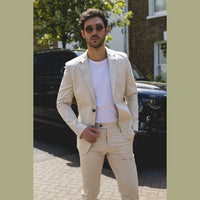 Mario - Ανδρικό Καλοκαιρινό Κοστούμι 2 Τεμαχίων Μπεζ Γραφείο Γάμου Κλασικό Ιταλικό