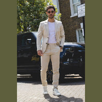 Mario - Ανδρικό Καλοκαιρινό Κοστούμι 2 Τεμαχίων Μπεζ Γραφείο Γάμου Κλασικό Ιταλικό