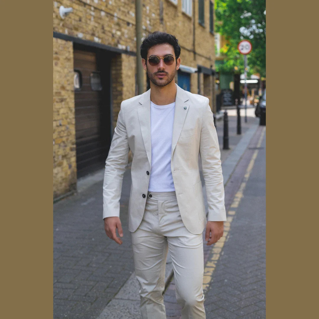 Mario - Ανδρικό Καλοκαιρινό Κοστούμι 2 Τεμαχίων Μπεζ Γραφείο Γάμου Κλασικό Ιταλικό