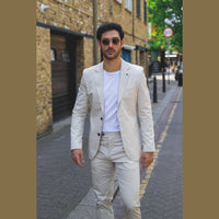 Mario - Ανδρικό Καλοκαιρινό Κοστούμι 2 Τεμαχίων Μπεζ Γραφείο Γάμου Κλασικό Ιταλικό