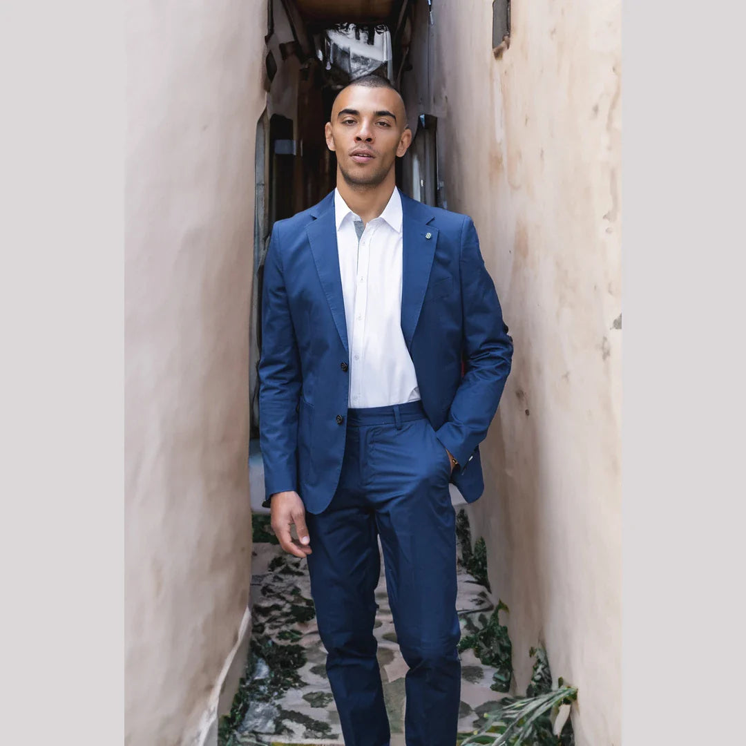 Mario - Ανδρικό Καλοκαιρινό Κοστούμι 2 Τεμαχίων Μπλε Γραφείο Γάμος Κλασικό Ιταλικό