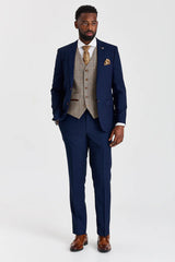 Κοστούμι Mayfair σε μπλε ναυτικό με γιλέκο Harris Brown Tweed σε αντίθεση