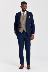 Κοστούμι Mayfair σε μπλε ναυτικό με γιλέκο Harris Brown Tweed σε αντίθεση