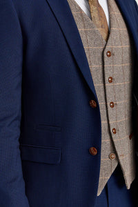 Κοστούμι Mayfair σε μπλε ναυτικό με γιλέκο Harris Brown Tweed σε αντίθεση