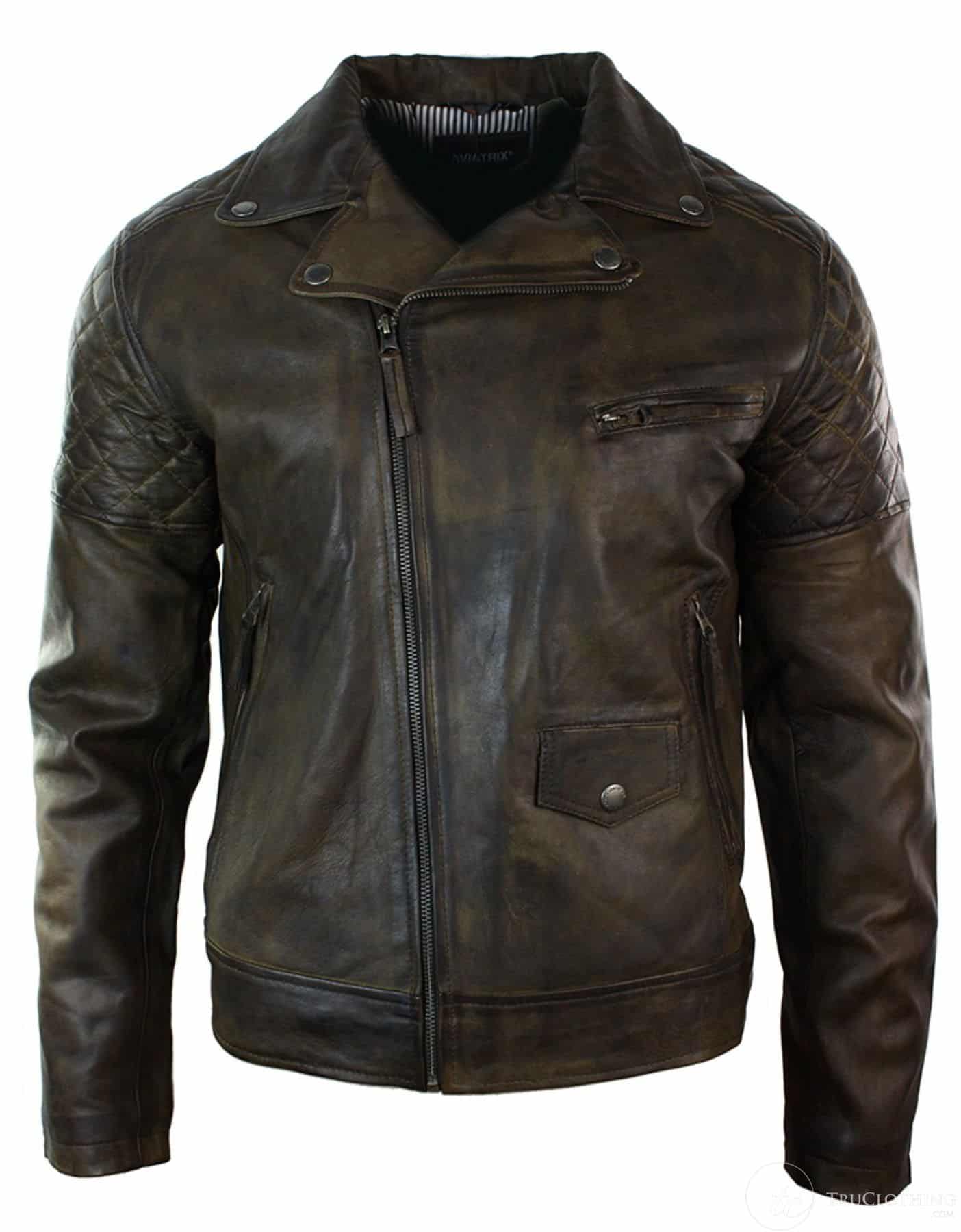Ανδρικό μπουφάν μοτοσικλετιστή από γνήσιο δέρμα σε vintage πλυμένο καφέ, μαύρο, μπορντό, μπλε, ξύλο, με σταυρωτό φερμουάρ, ρετρό, casual, καφέ