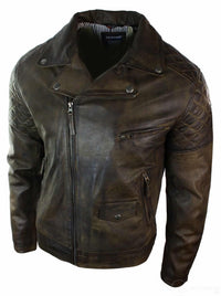 Ανδρικό μπουφάν μοτοσικλετιστή από γνήσιο δέρμα σε vintage πλυμένο καφέ, μαύρο, μπορντό, μπλε, ξύλο, με σταυρωτό φερμουάρ, ρετρό, casual, καφέ