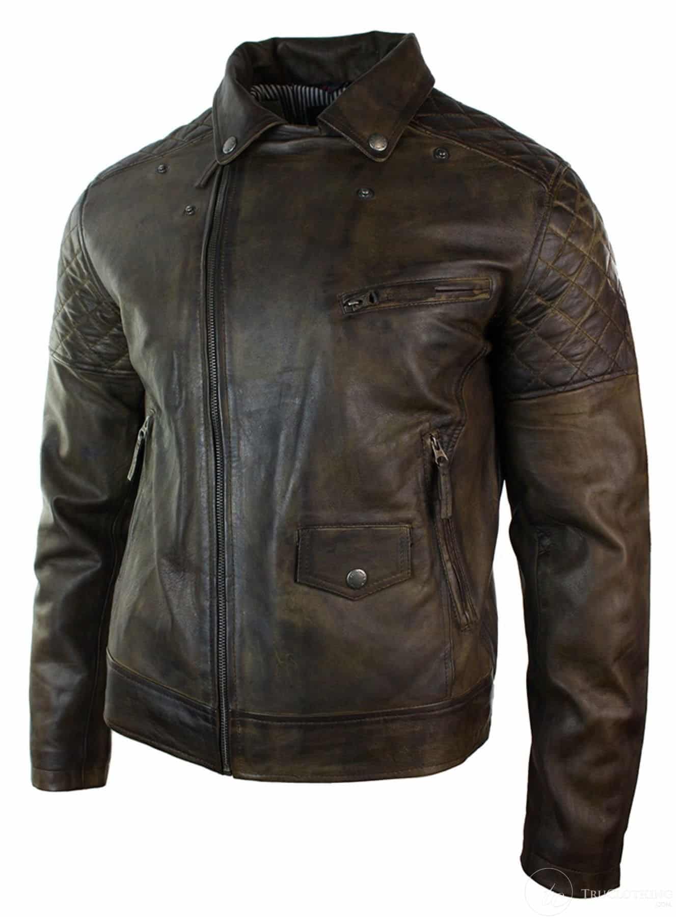 Ανδρικό μπουφάν μοτοσικλετιστή από γνήσιο δέρμα σε vintage πλυμένο καφέ, μαύρο, μπορντό, μπλε, ξύλο, με σταυρωτό φερμουάρ, ρετρό, casual, καφέ