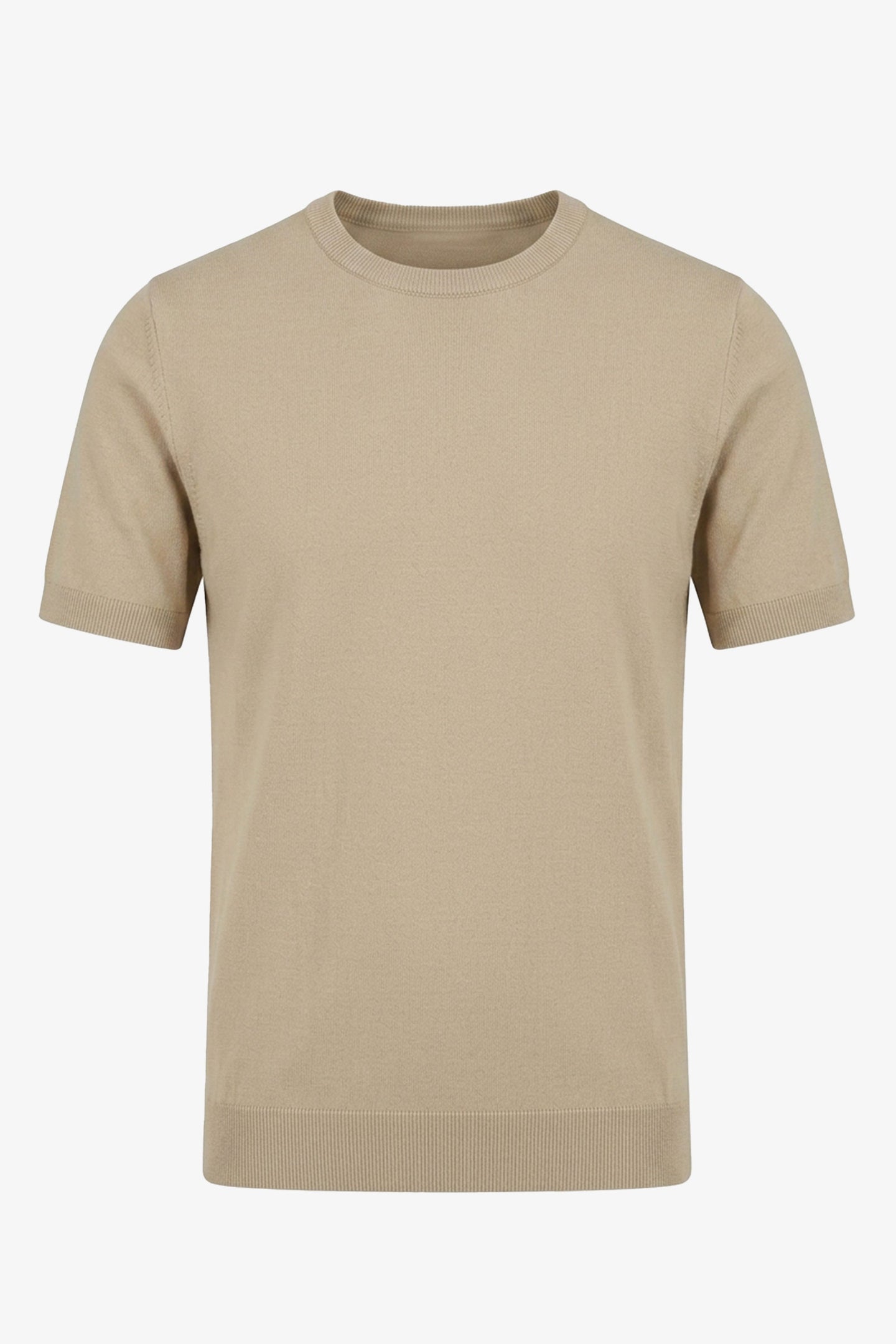 Ανδρικό Μπεζ Πλεκτό T-shirt Κανονικής Γραμμής με Στρογγυλή Λαιμόκοψη και Κοντό Μανίκι