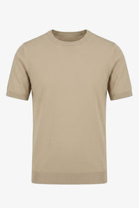 Ανδρικό Μπεζ Πλεκτό T-shirt Κανονικής Γραμμής με Στρογγυλή Λαιμόκοψη και Κοντό Μανίκι