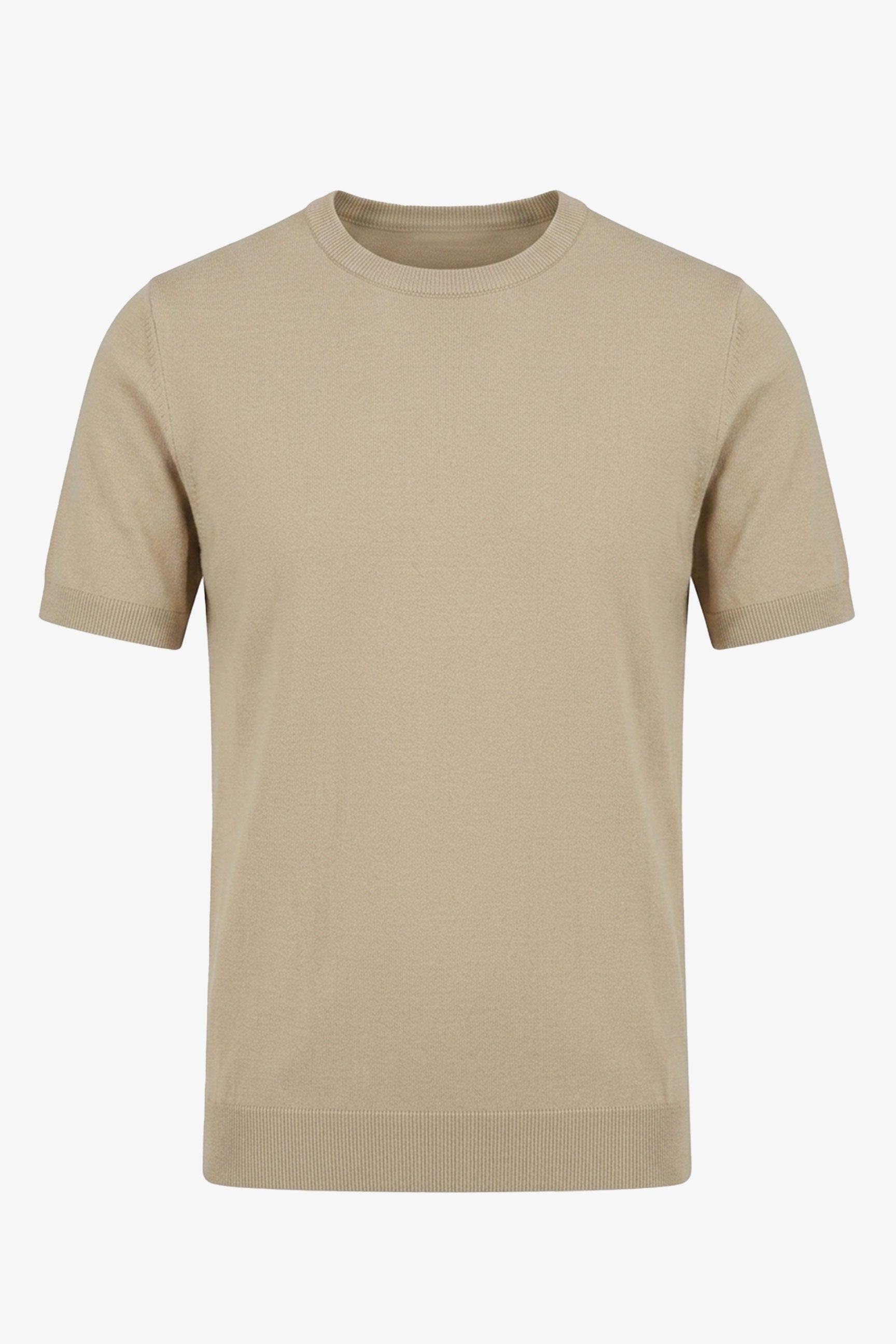Ανδρικό Μπεζ Πλεκτό T-shirt Κανονικής Γραμμής με Στρογγυλή Λαιμόκοψη και Κοντό Μανίκι