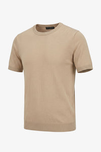 Ανδρικό Μπεζ Πλεκτό T-shirt Κανονικής Γραμμής με Στρογγυλή Λαιμόκοψη και Κοντό Μανίκι